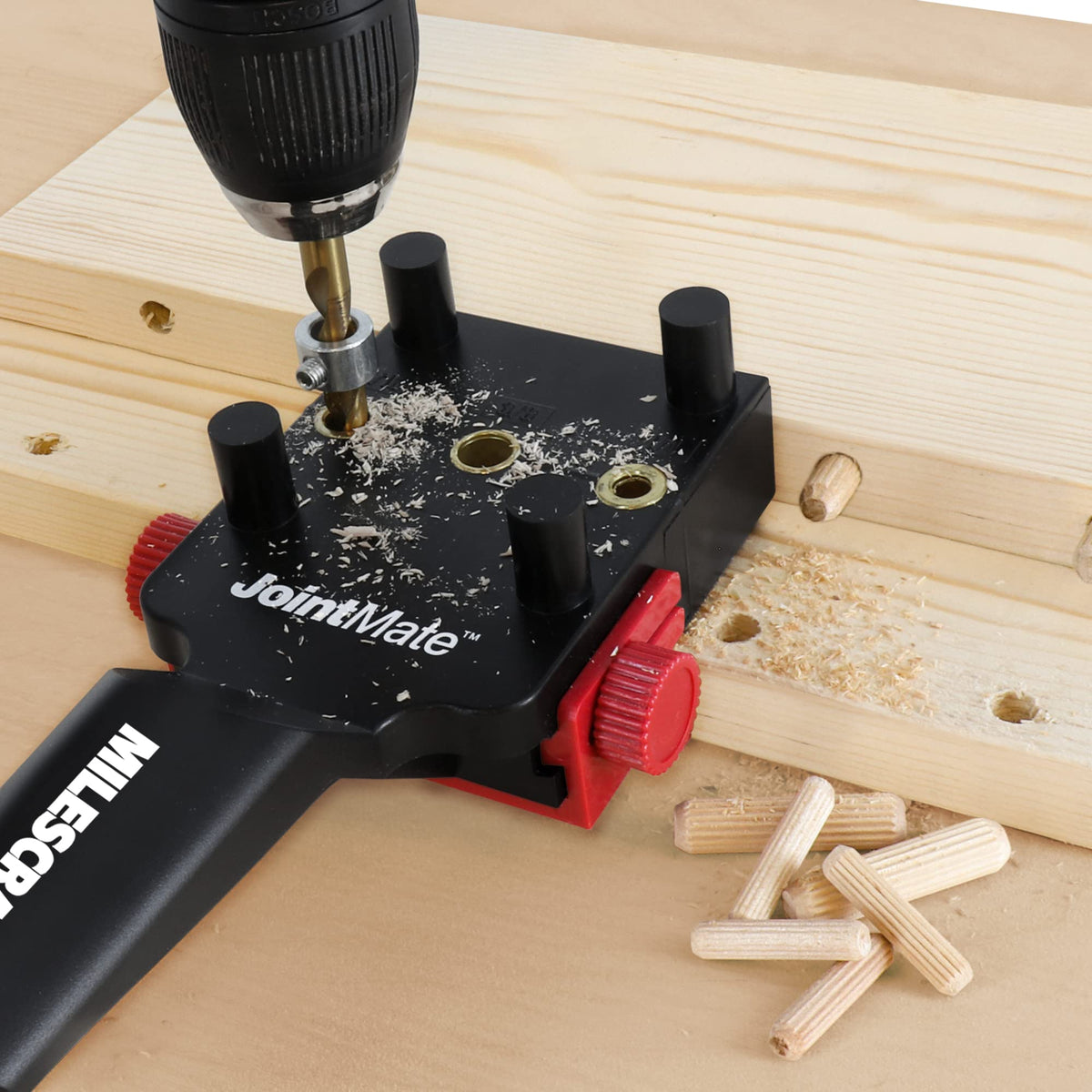 Milescraft 1333 DowelJig Kit - Self-Centering Dowel Jig with 3 Bushing Sizes (1/4in, 5/16in, 3/8in) + Accessories