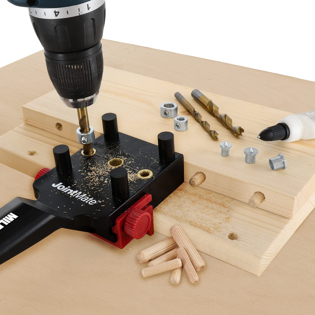 Milescraft 1333 DowelJig Kit - Self-Centering Dowel Jig with 3 Bushing Sizes (1/4in, 5/16in, 3/8in) + Accessories