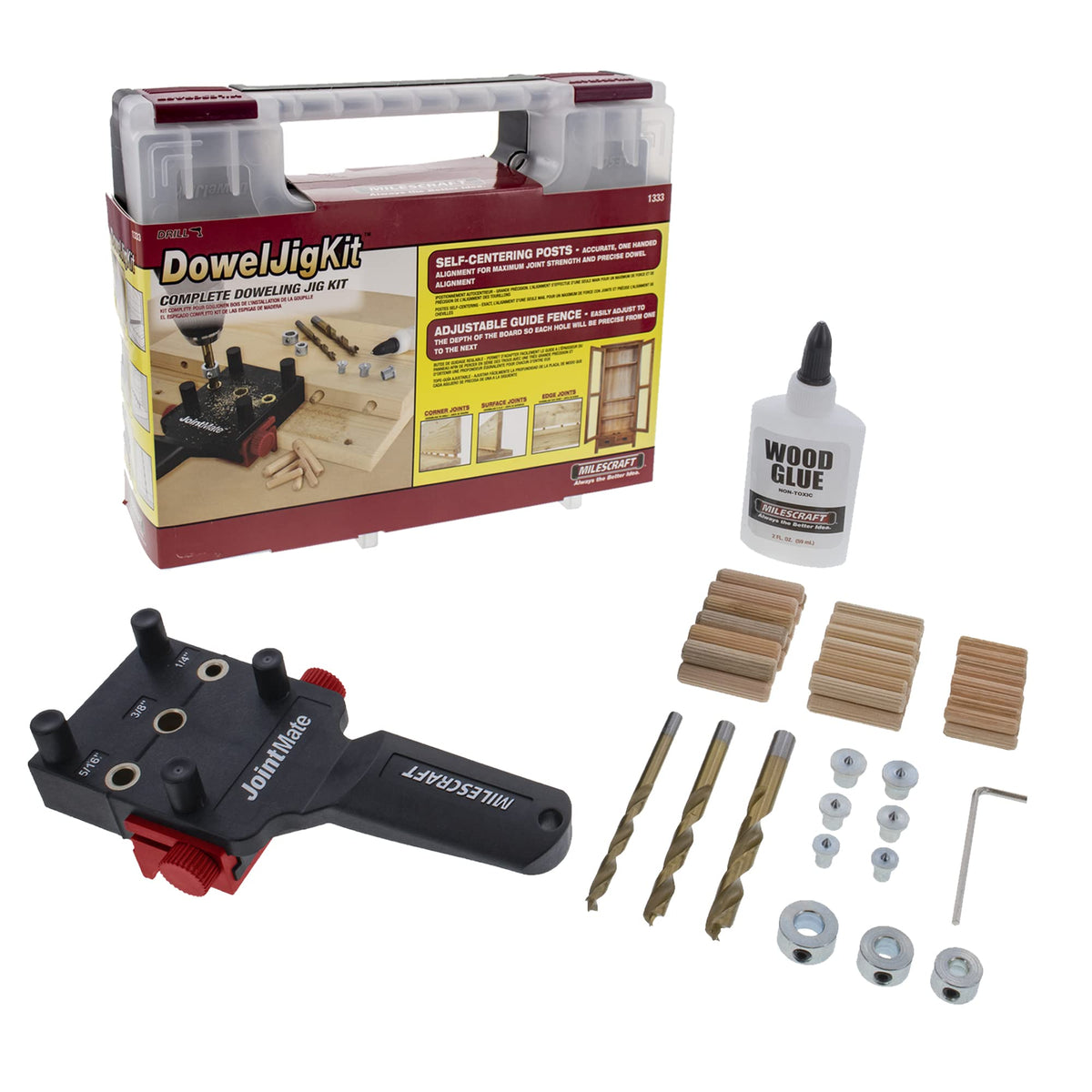 Milescraft 1333 DowelJig Kit - Self-Centering Dowel Jig with 3 Bushing Sizes (1/4in, 5/16in, 3/8in) + Accessories