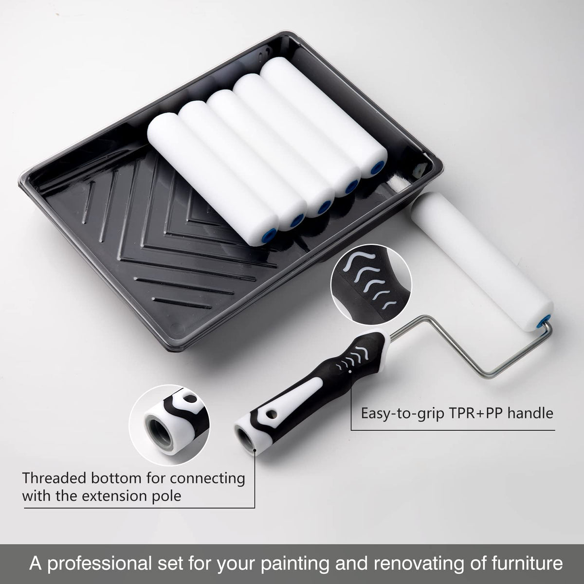 Mister Rui Paint Roller Kit — 9 Pack, 6-Inch High-Density Foam Rollers, Tray with Liners