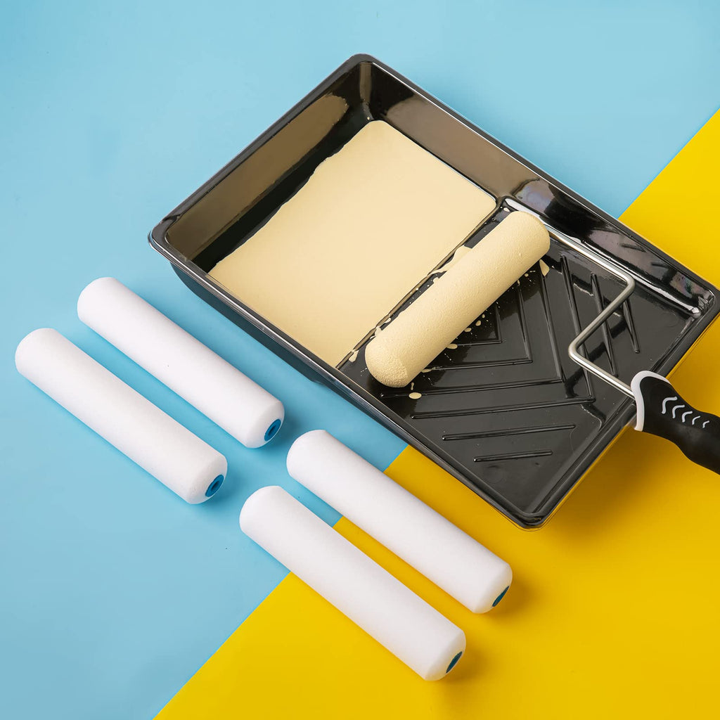 Mister Rui Paint Roller Kit — 9 Pack, 6-Inch High-Density Foam Rollers, Tray with Liners