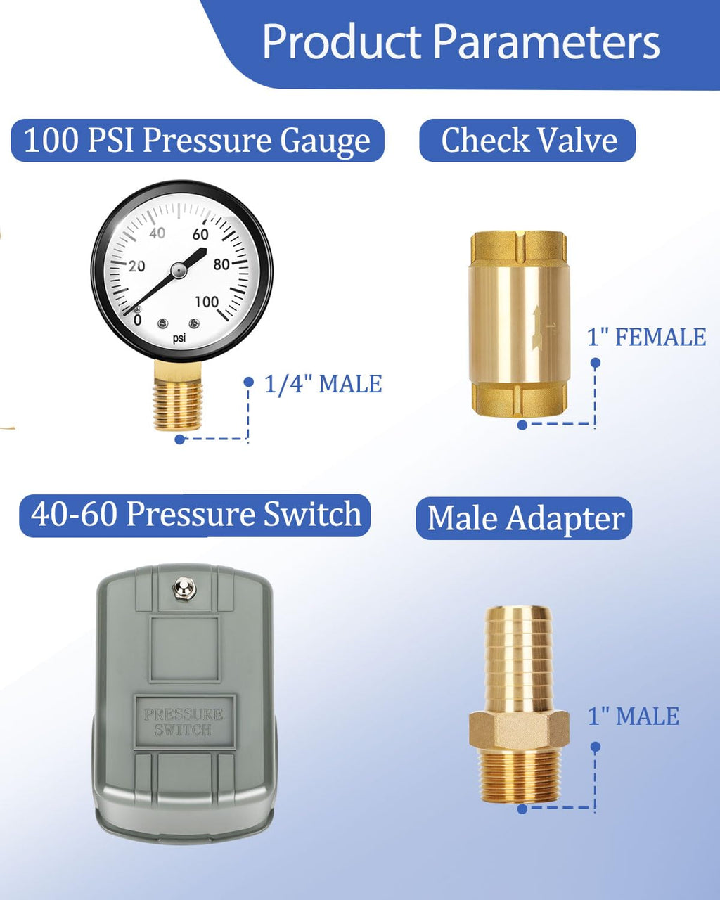 Miumoon 1"x11" Well Pressure Tank Tee Kit — 40-60 PSI Switch, Brass, Fits Tanks Up to 16"