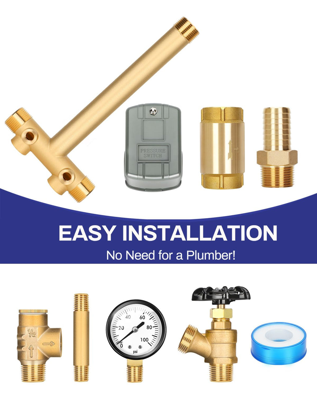 Miumoon 1"x11" Well Pressure Tank Tee Kit — 40-60 PSI Switch, Brass, Fits Tanks Up to 16"