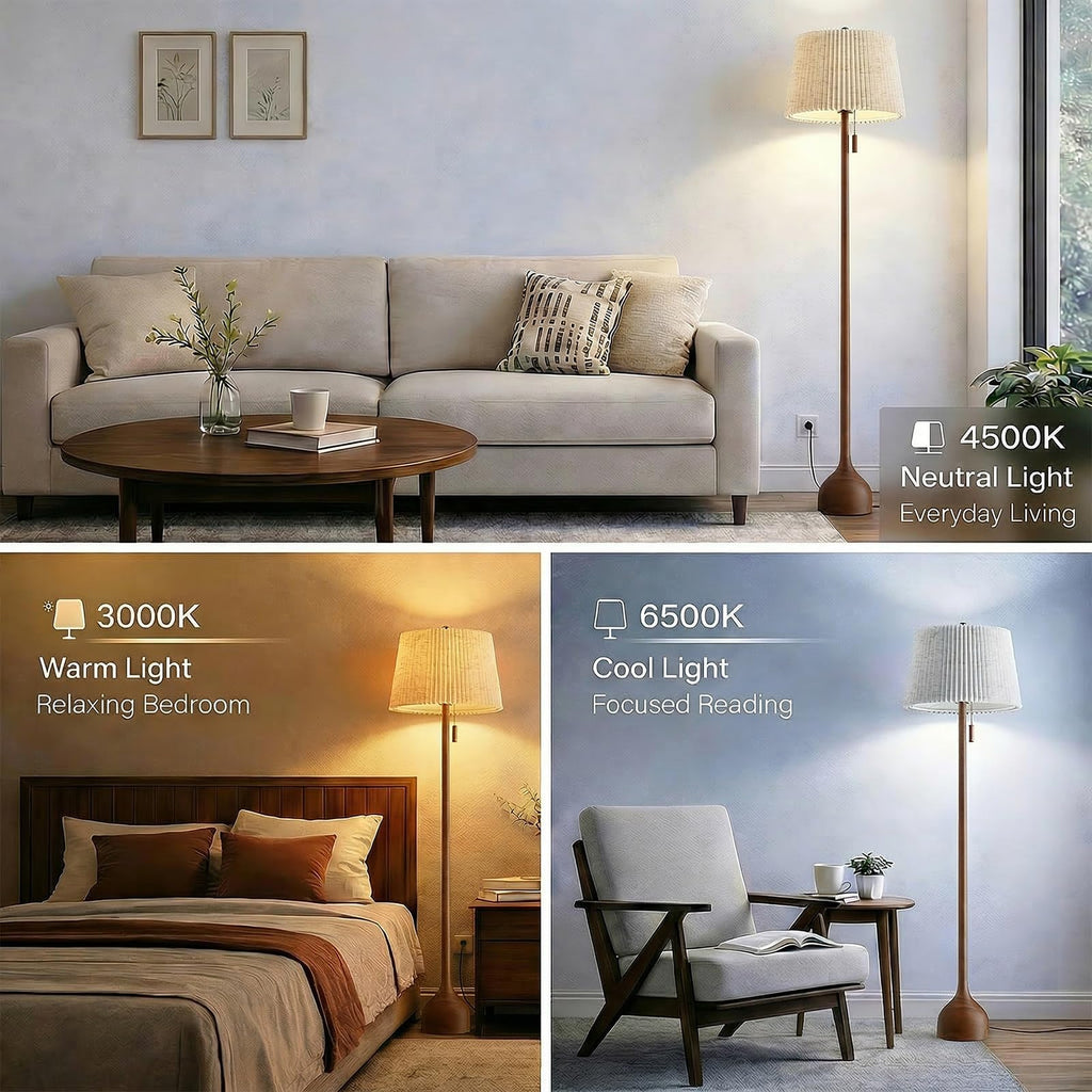 MOFFE 65in Mid Century Oak Floor Lamp – Two Shade Styles, Teardrop Base