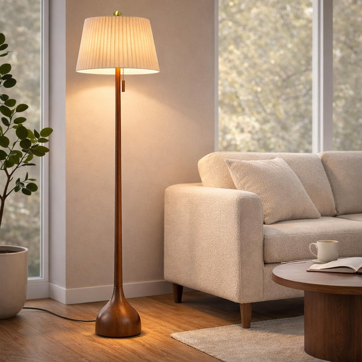 MOFFE 65in Mid Century Oak Floor Lamp – Two Shade Styles, Teardrop Base