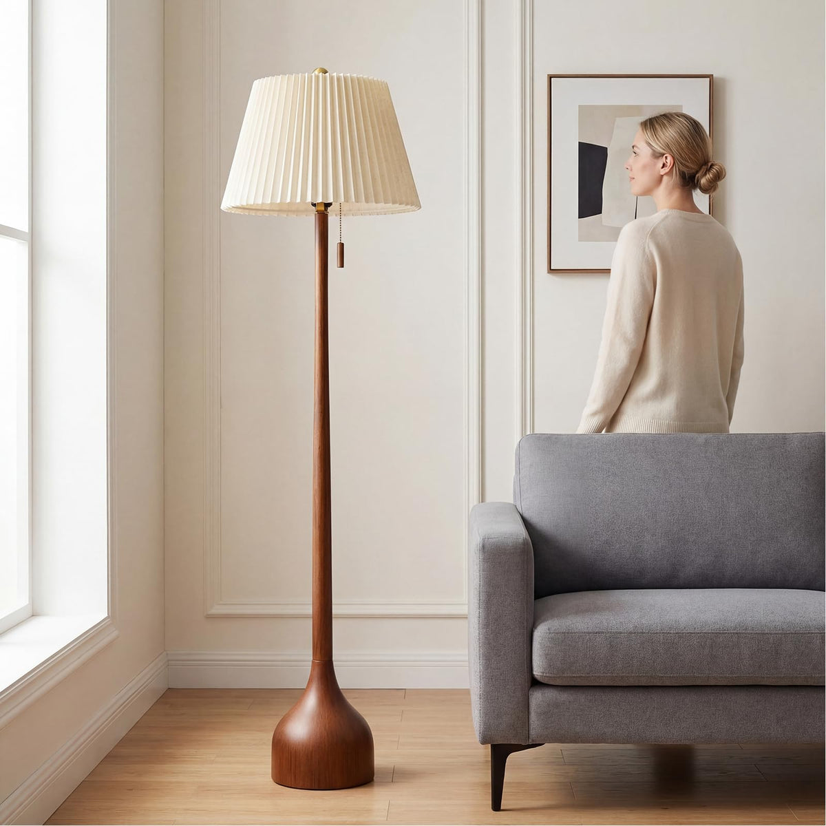 MOFFE 65in Mid Century Oak Floor Lamp – Two Shade Styles, Teardrop Base