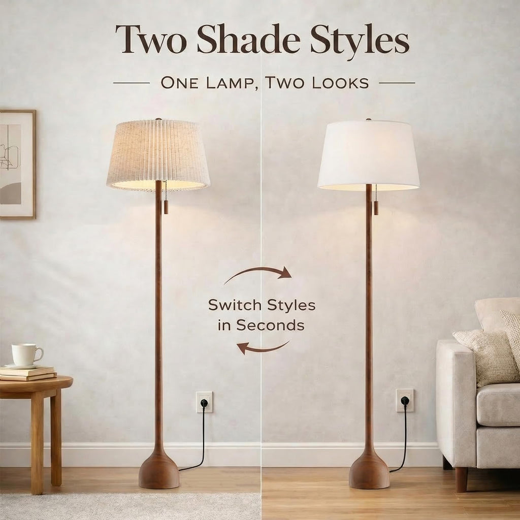 MOFFE 65in Mid Century Oak Floor Lamp – Two Shade Styles, Teardrop Base