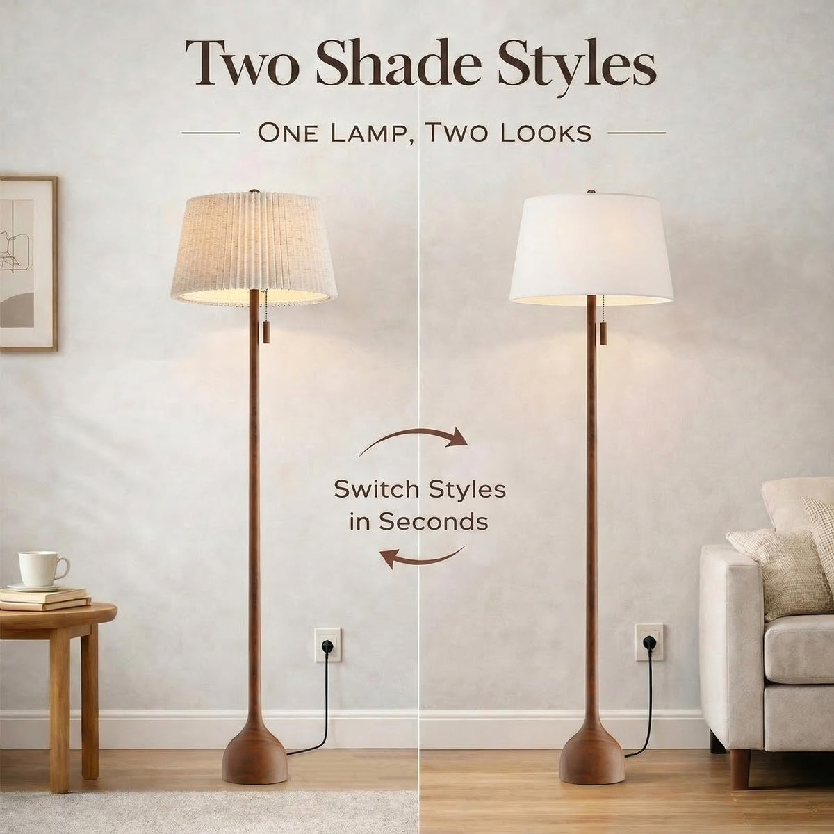 MOFFE 65in Mid Century Oak Floor Lamp – Two Shade Styles, Teardrop Base