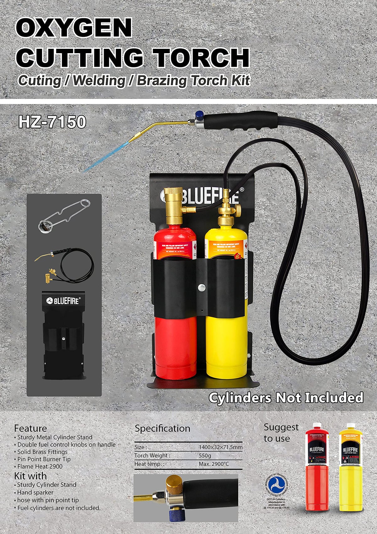 MR. TORCH BLUEFIRE Oxypropane Welding Gas Cutting Torch Kit with Flint Lighter & Cylinder Holder Rack | Soldering, Brazing, Jewelry & HVAC
