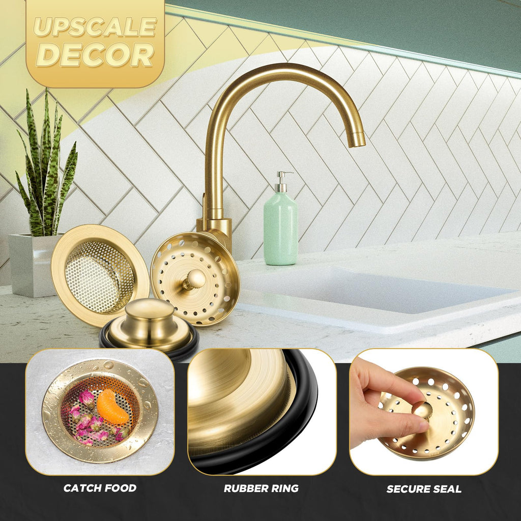 Mudder 3 Pcs Kitchen Sink Strainer Set – Brushed Gold Stainless Steel, Universal Fit