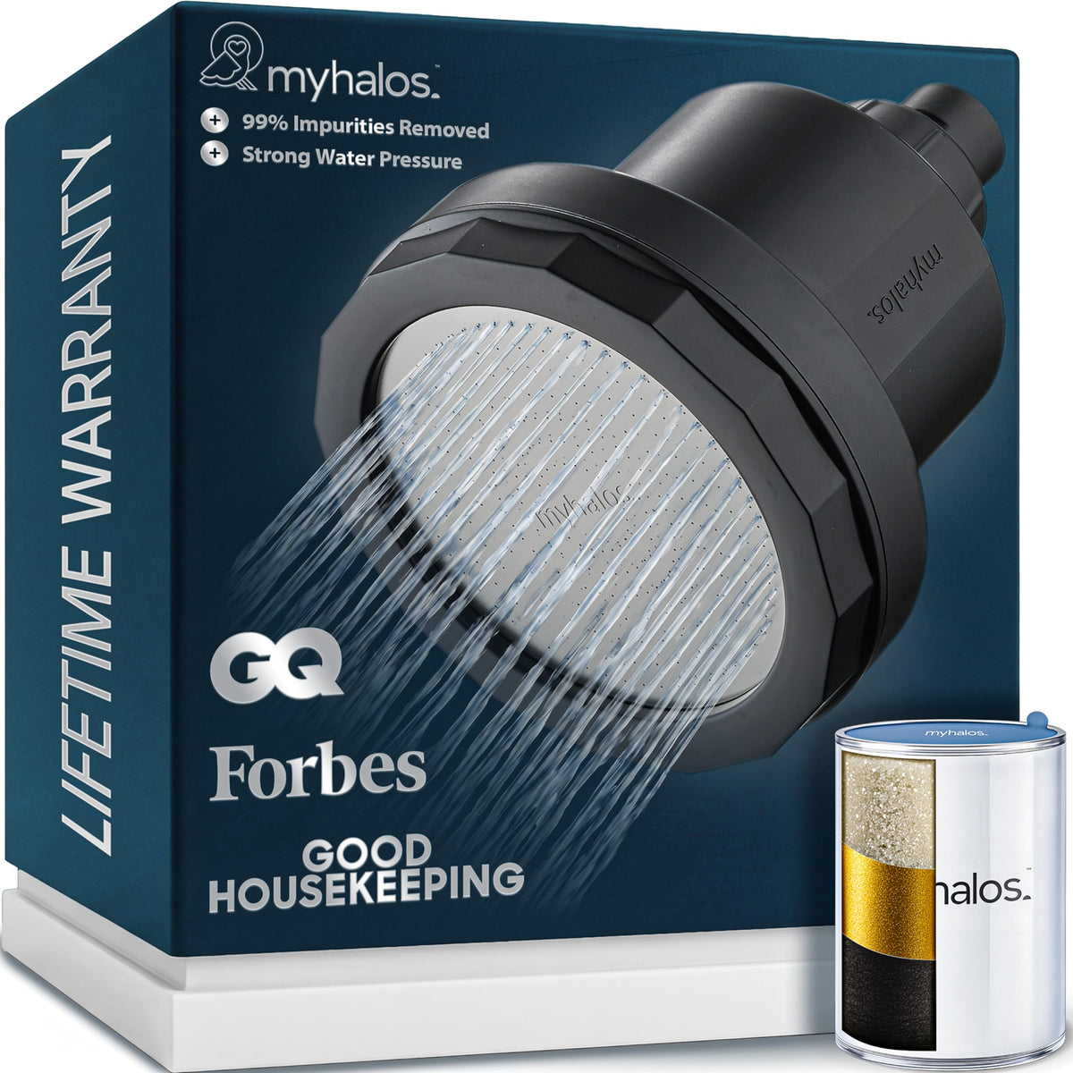MyHalos Filtered Shower Head for Hard Water – High Pressure, Chlorine Removal (Black)