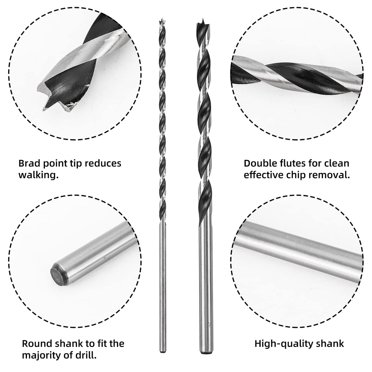 Narwhal Extra Long Brad Point Drill Bit Set for Wood (12 Pack) – 12 Inch Length, 1/8 to 1/2 Inch