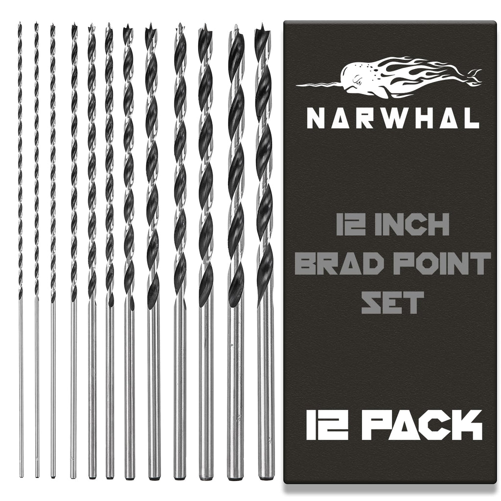 Narwhal Extra Long Brad Point Drill Bit Set for Wood (12 Pack) – 12 Inch Length, 1/8 to 1/2 Inch