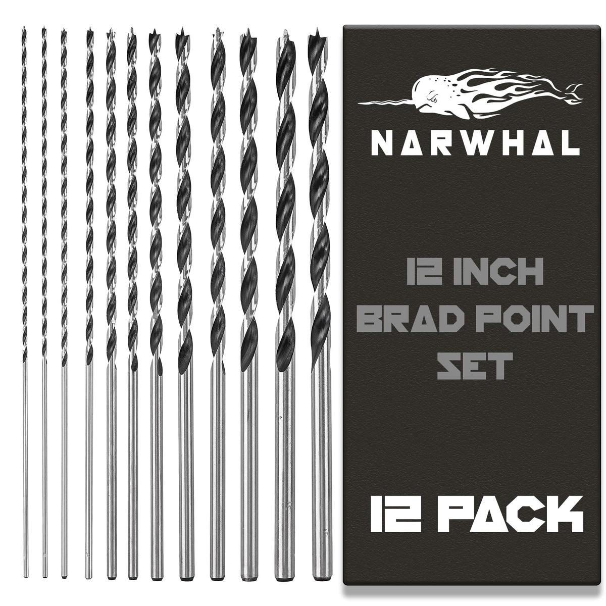 Narwhal Extra Long Brad Point Drill Bit Set for Wood (12 Pack) – 12 Inch Length, 1/8 to 1/2 Inch