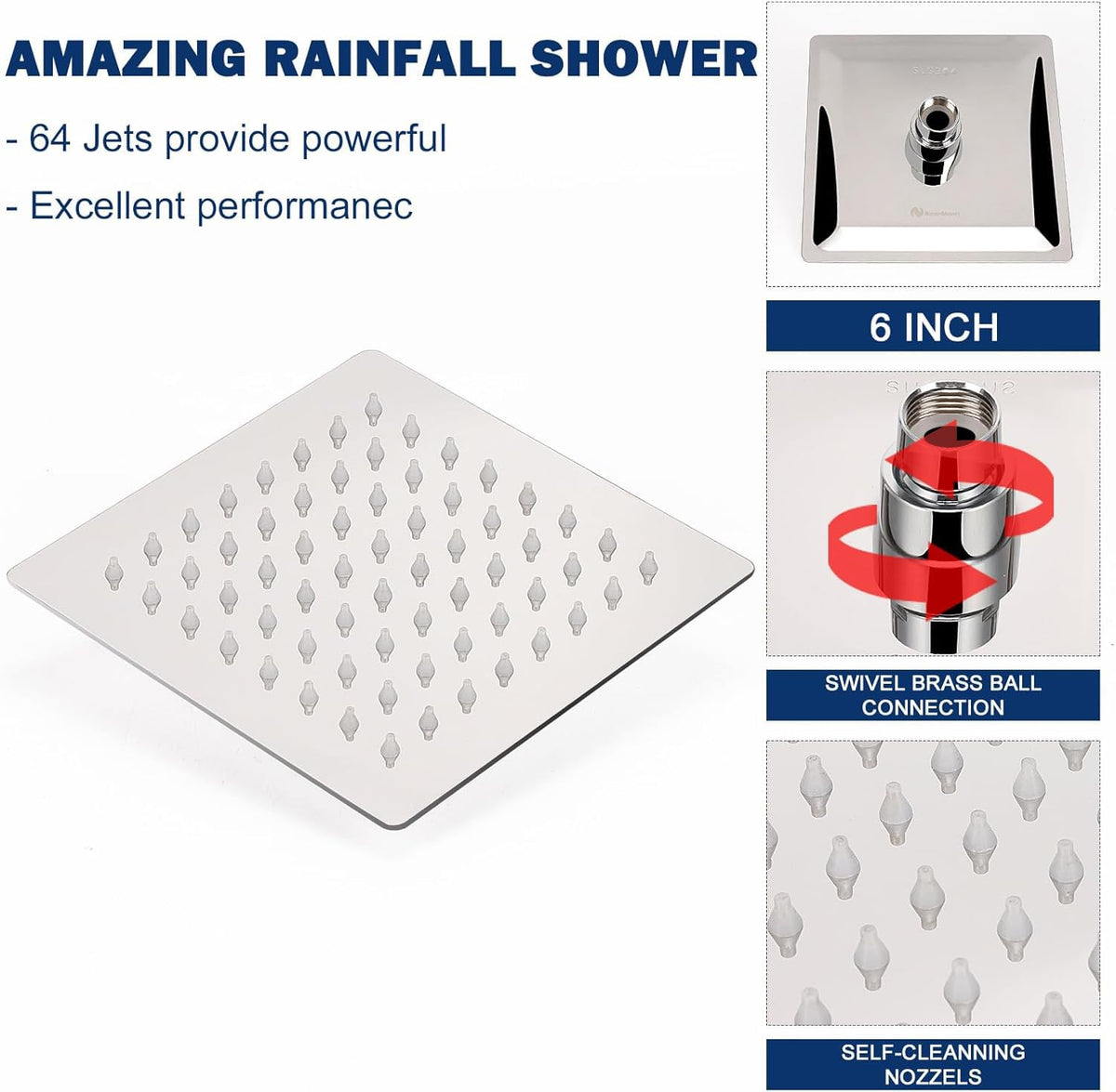 NearMoon Rain Shower Head - 6-Inch High-Flow Stainless Steel Chrome Finish