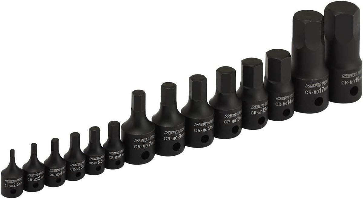 NEIKO 01141B Allen-Bit Socket Set – 14-Piece Metric Hex Sockets (2.5–19 mm) for 1/4/3/8/1/2 in Drives | CrMo Steel