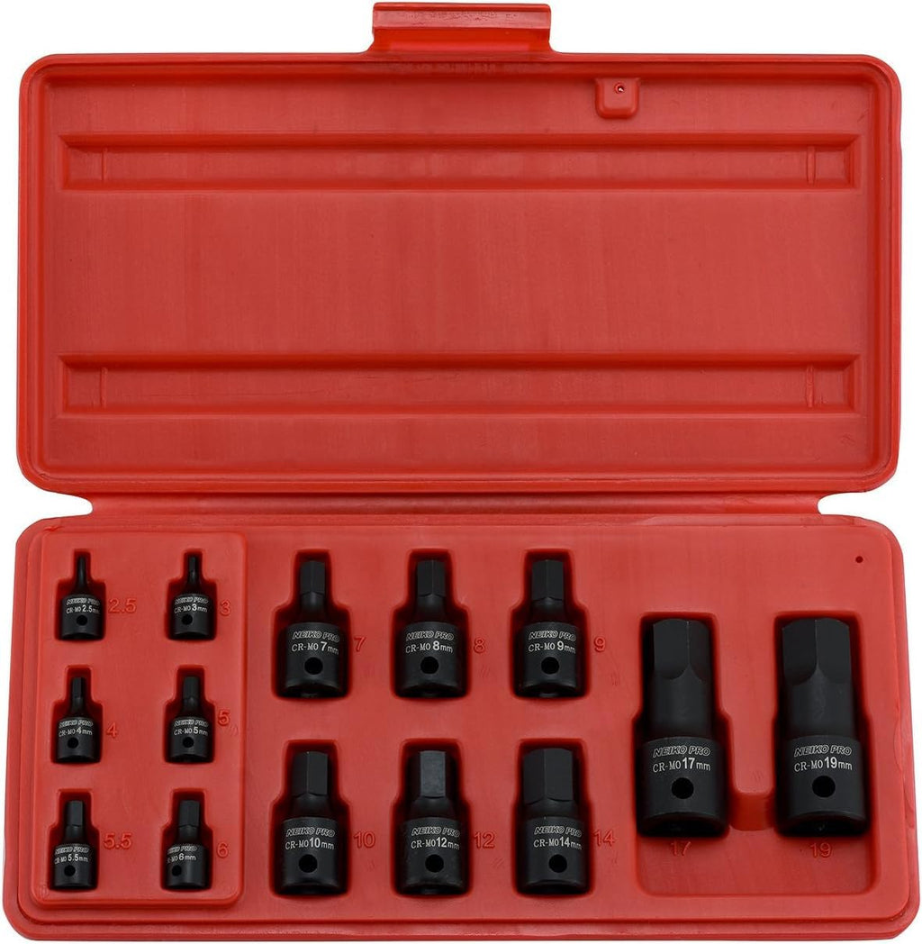 NEIKO 01141B Allen-Bit Socket Set – 14-Piece Metric Hex Sockets (2.5–19 mm) for 1/4/3/8/1/2 in Drives | CrMo Steel
