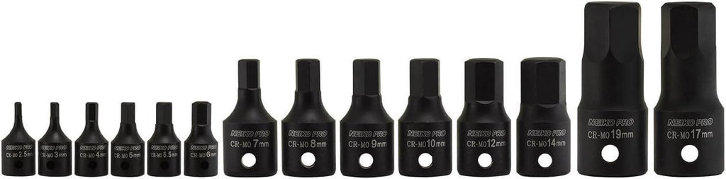 NEIKO 01141B Allen-Bit Socket Set – 14-Piece Metric Hex Sockets (2.5–19 mm) for 1/4/3/8/1/2 in Drives | CrMo Steel