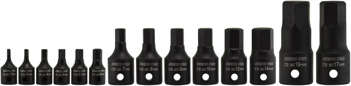NEIKO 01141B Allen-Bit Socket Set – 14-Piece Metric Hex Sockets (2.5–19 mm) for 1/4/3/8/1/2 in Drives | CrMo Steel