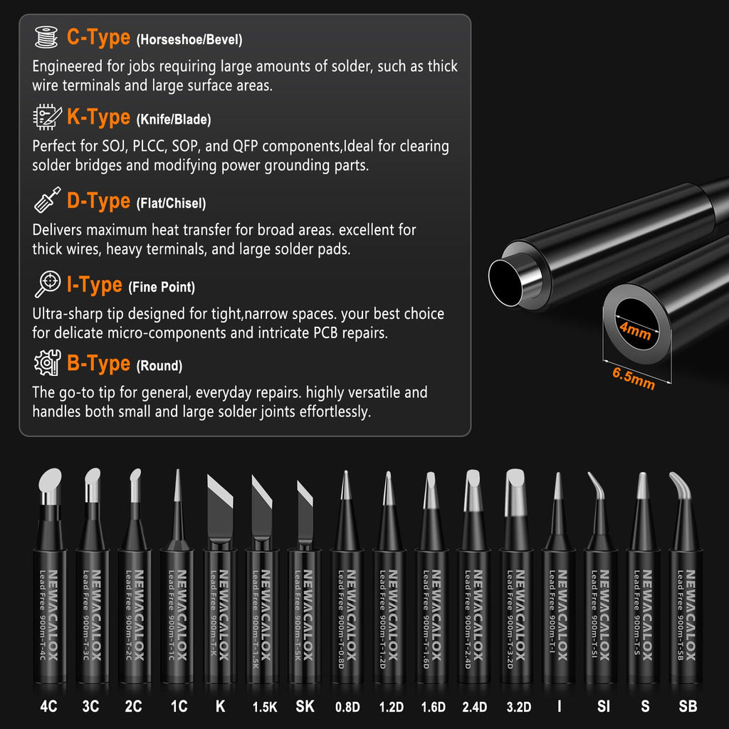 NEWACALOX 16x 900M Lead-Free Soldering Tips for Hakko 936/937 & Compatible Stations