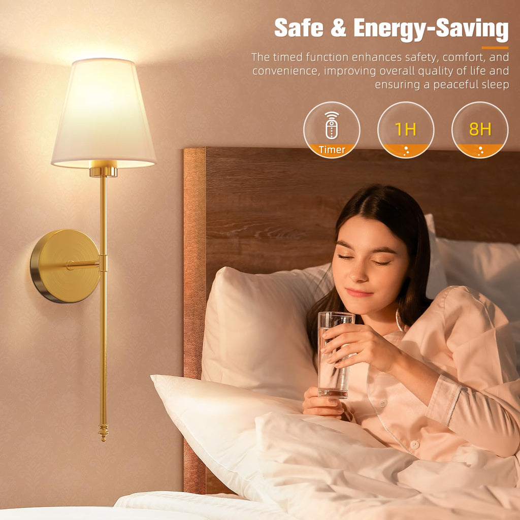NIORSUN 19.9 inch Battery Operated Wall Sconce Set of 2 — Dimmable, Remote, 5200mAh, Gold