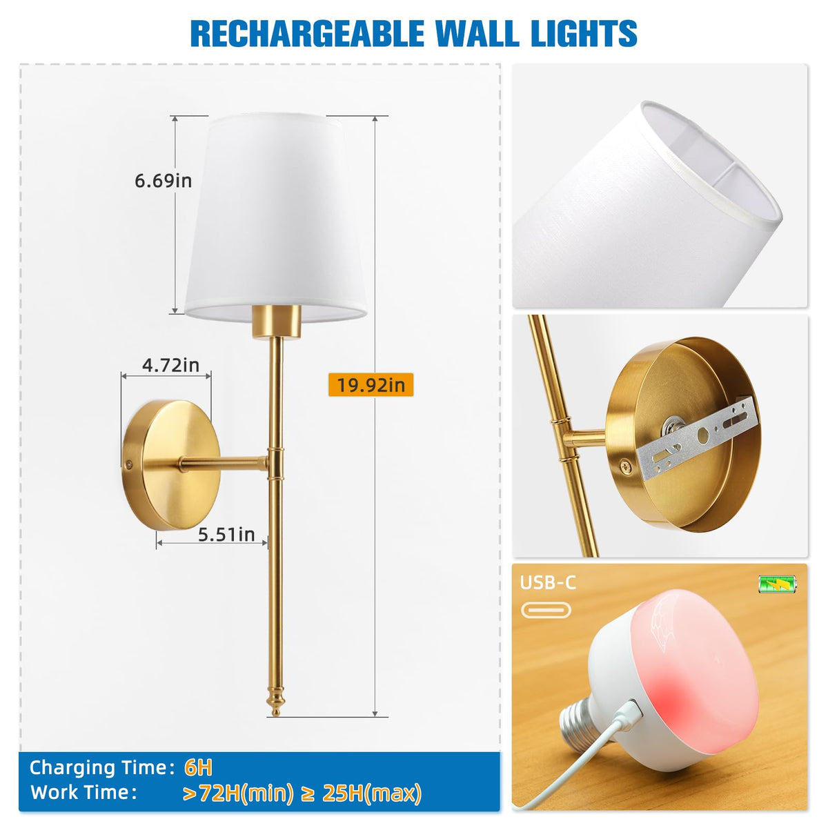 NIORSUN 19.9 inch Battery Operated Wall Sconce Set of 2 — Dimmable, Remote, 5200mAh, Gold
