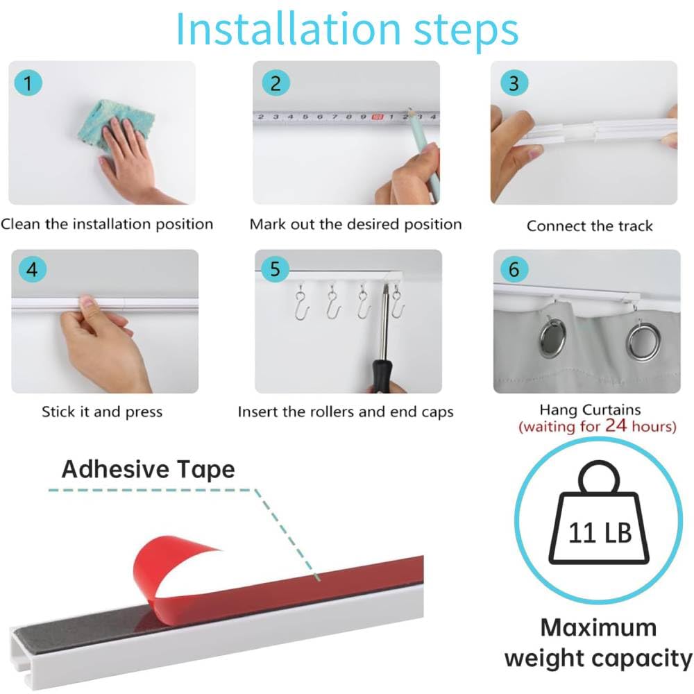 OEOEKHDJ Self-Adhesive Curtain Track (8FT) – No Drill, Damage-Free Installation