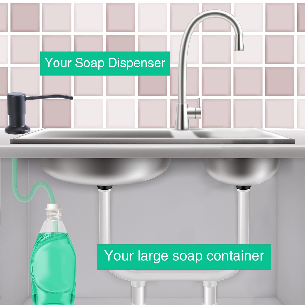 OHiHi Built-in Kitchen Sink Soap Dispenser with 47-inch Extension Tube – Black