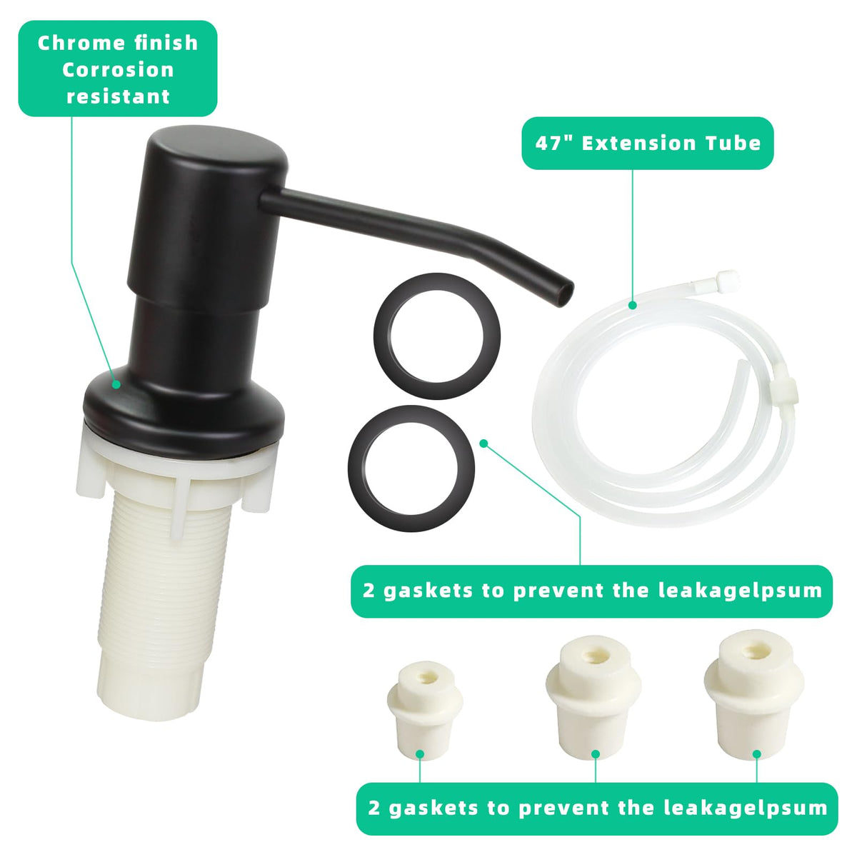OHiHi Built-in Kitchen Sink Soap Dispenser with 47-inch Extension Tube – Black