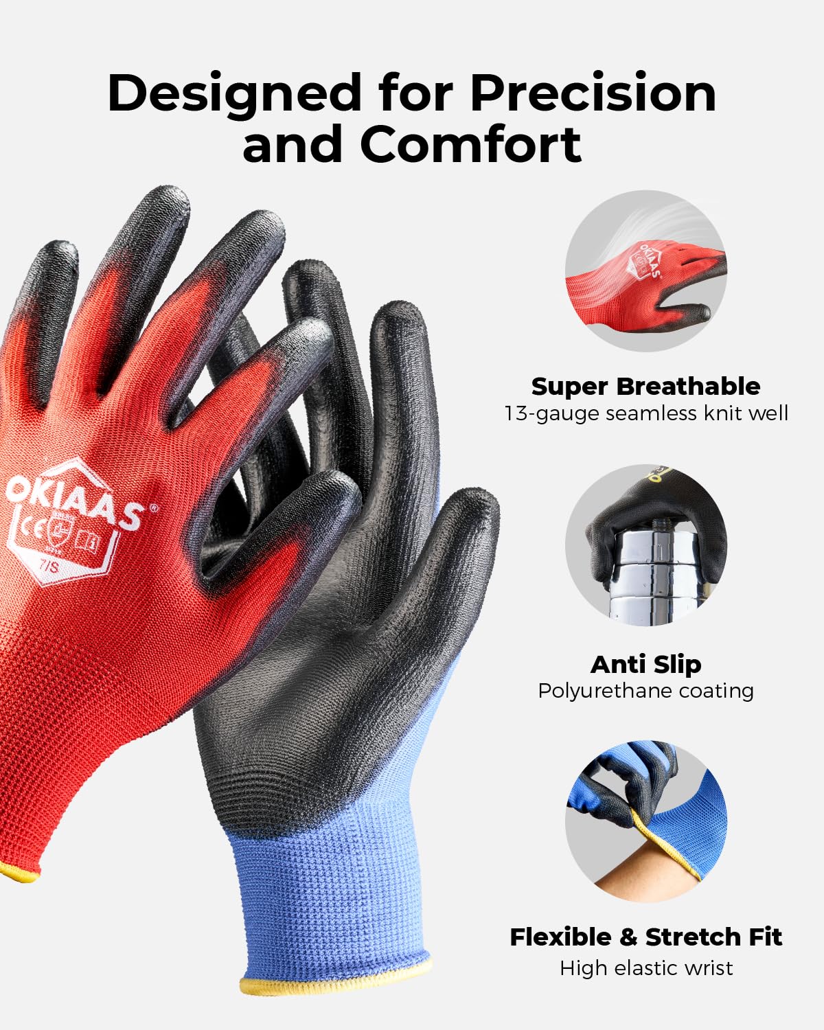 OKIAAS Ultra-Thin Work Gloves for Men — Lightweight, Grippy PU Coated, 12-Pair Bulk (X-Large)