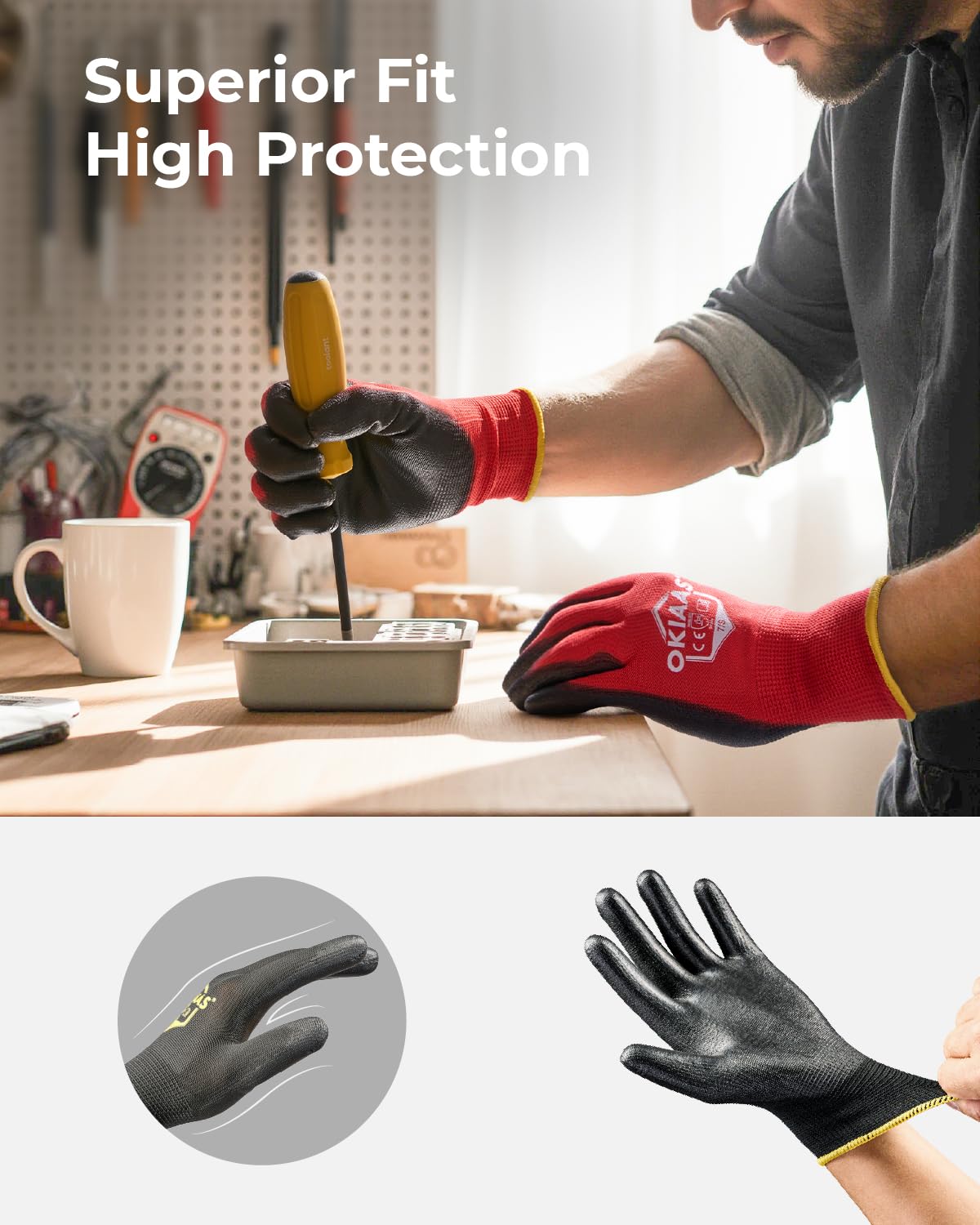 OKIAAS Ultra-Thin Work Gloves for Men — Lightweight, Grippy PU Coated, 12-Pair Bulk (X-Large)