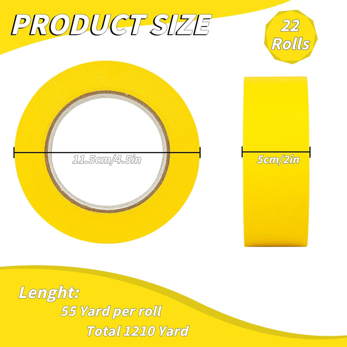 Oleitodh Yellow Painters Tape Bulk — 22 Rolls, 2in x 55yd, No Residue Masking Tape