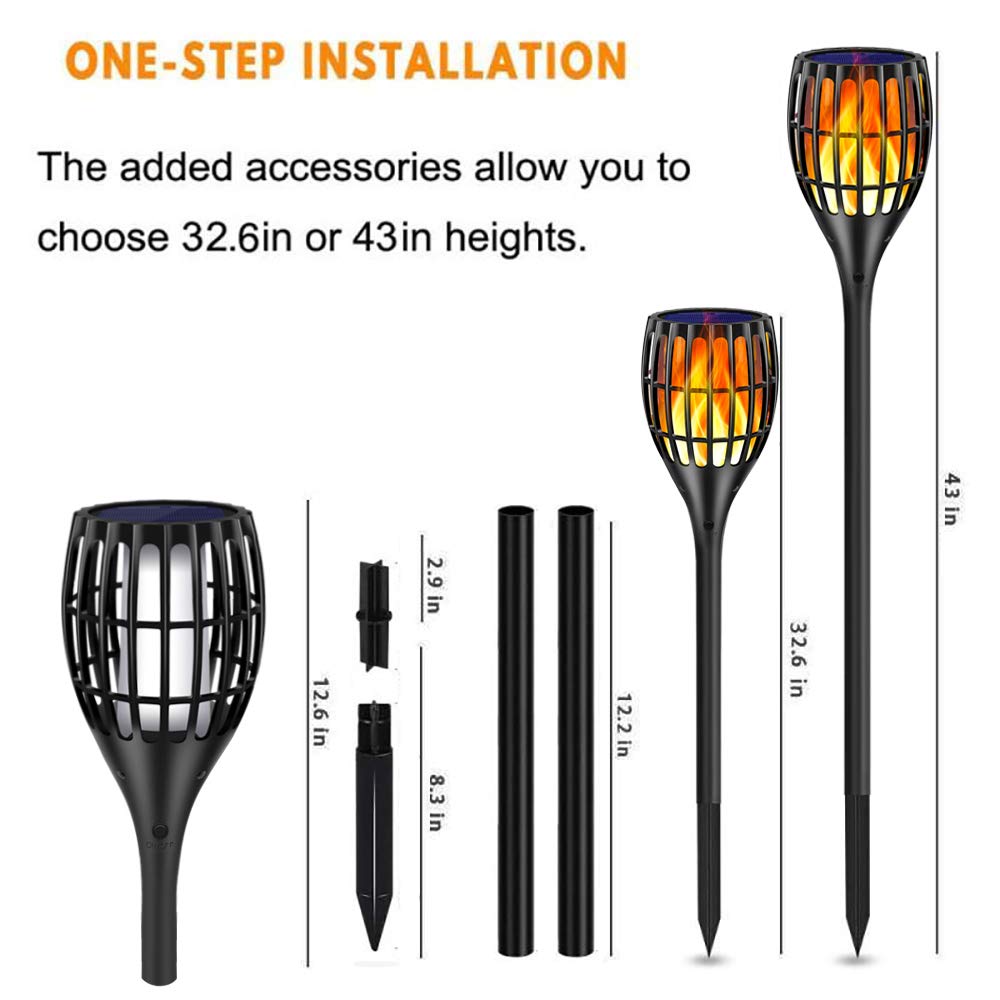 Ollivage Solar Torch Lights - 43-Inch Flame-Effect, Waterproof, Dusk-to-Dawn Auto On/Off, 2 Pack
