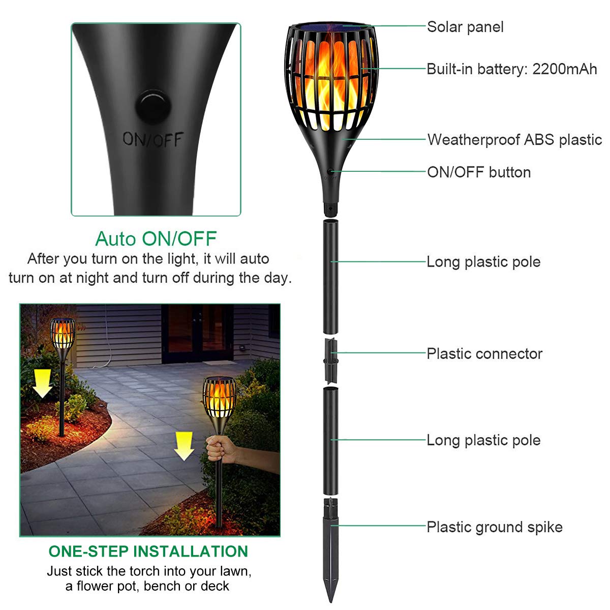 Ollivage Solar Torch Light with Flickering Flame – 43-Inch Outdoor Garden Lights, IP65 Waterproof, 8-Pack