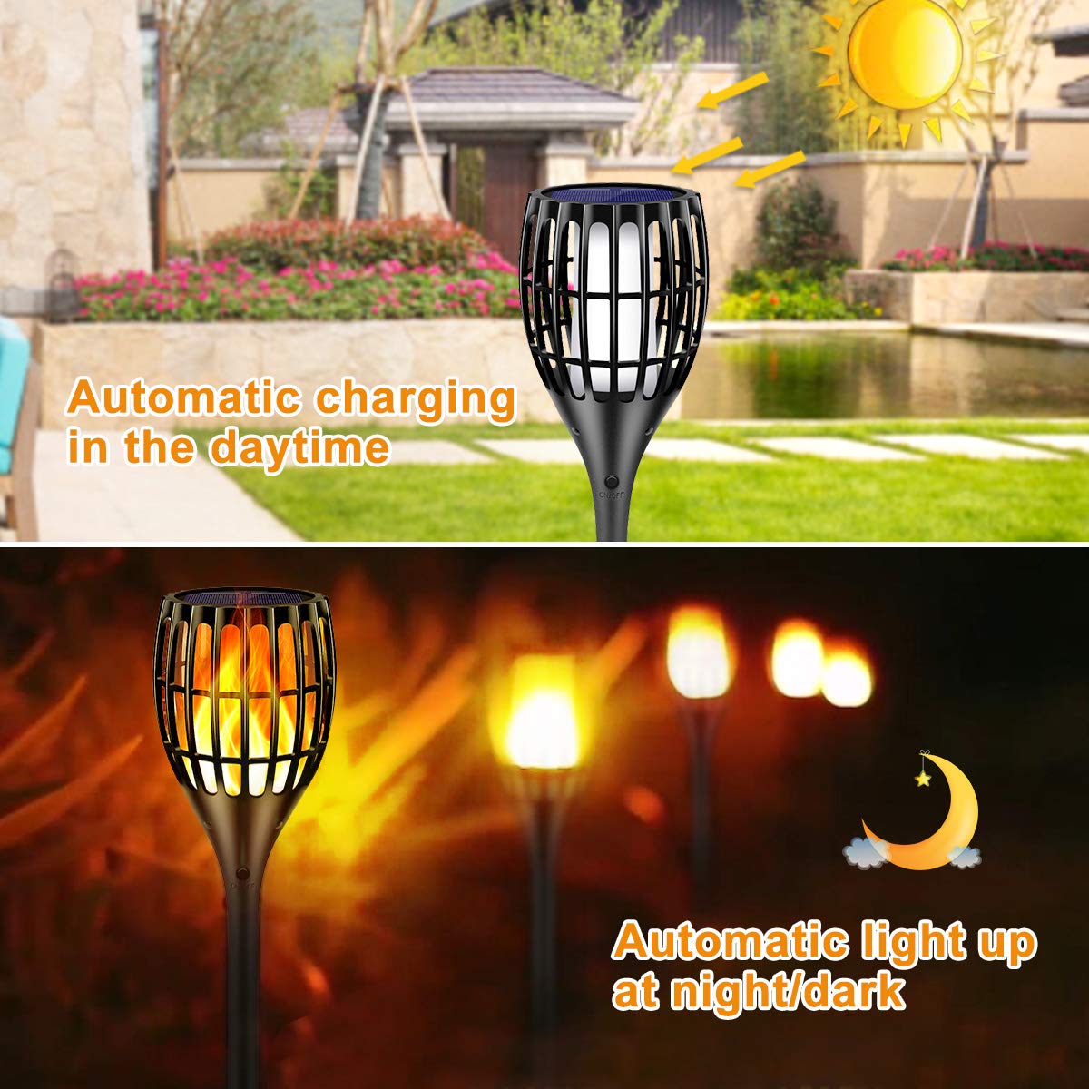Ollivage Solar Torch Light with Flickering Flame – 43-Inch Outdoor Garden Lights, IP65 Waterproof, 8-Pack