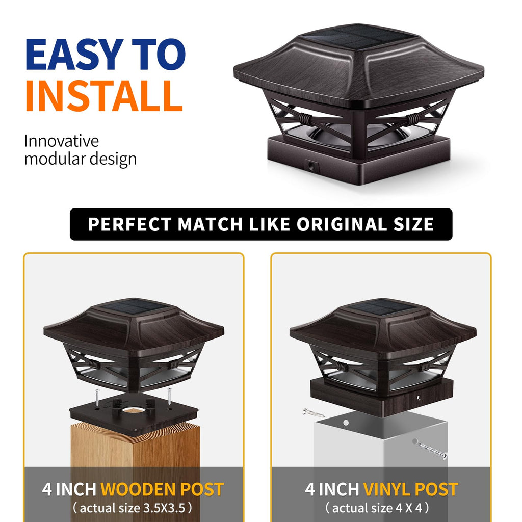 OPOIRA Wood Grain Solar Post Cap Lights – 2 Pack, Dual-Core LED, Craftsman Outdoor Caps
