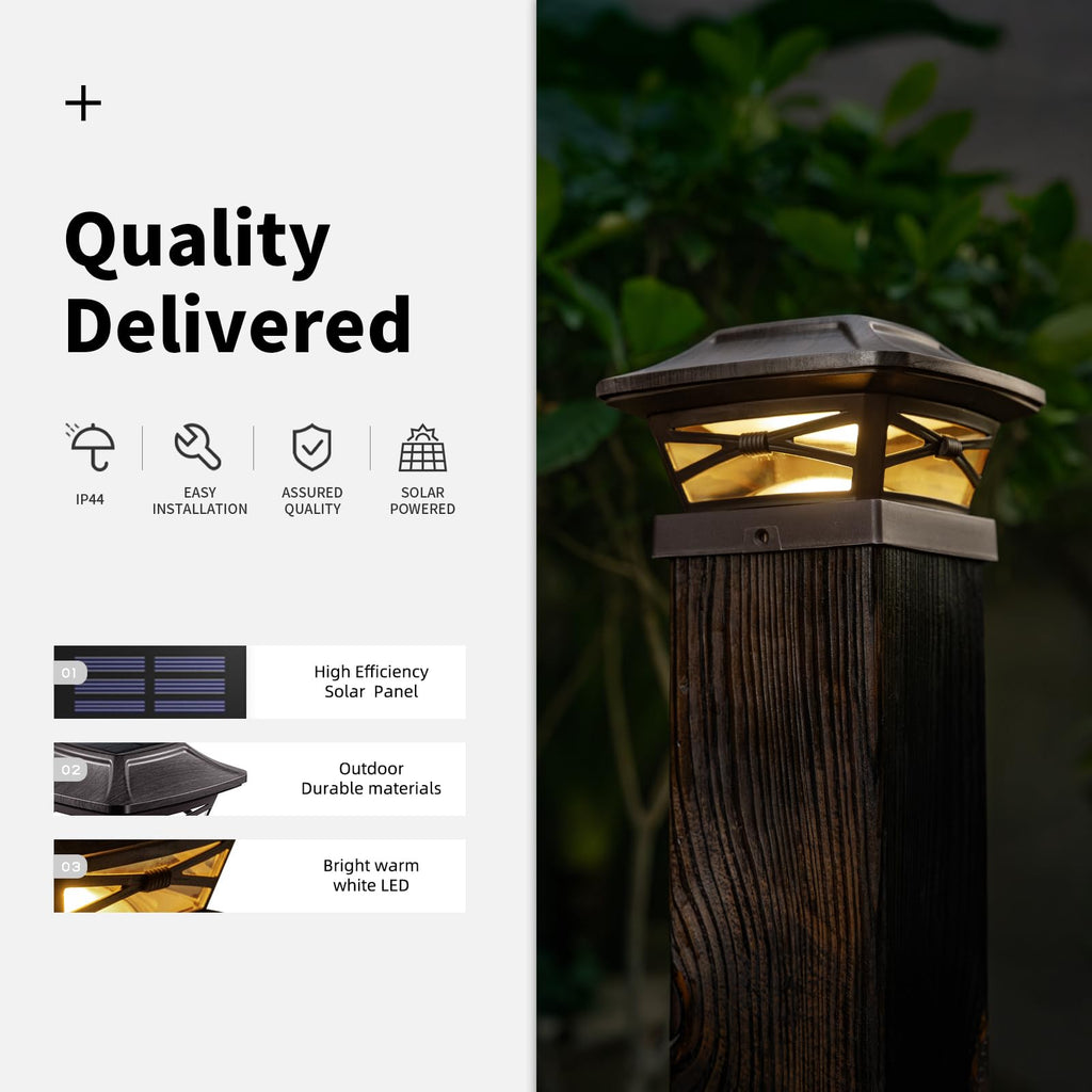 OPOIRA Wood Grain Solar Post Cap Lights – 2 Pack, Dual-Core LED, Craftsman Outdoor Caps
