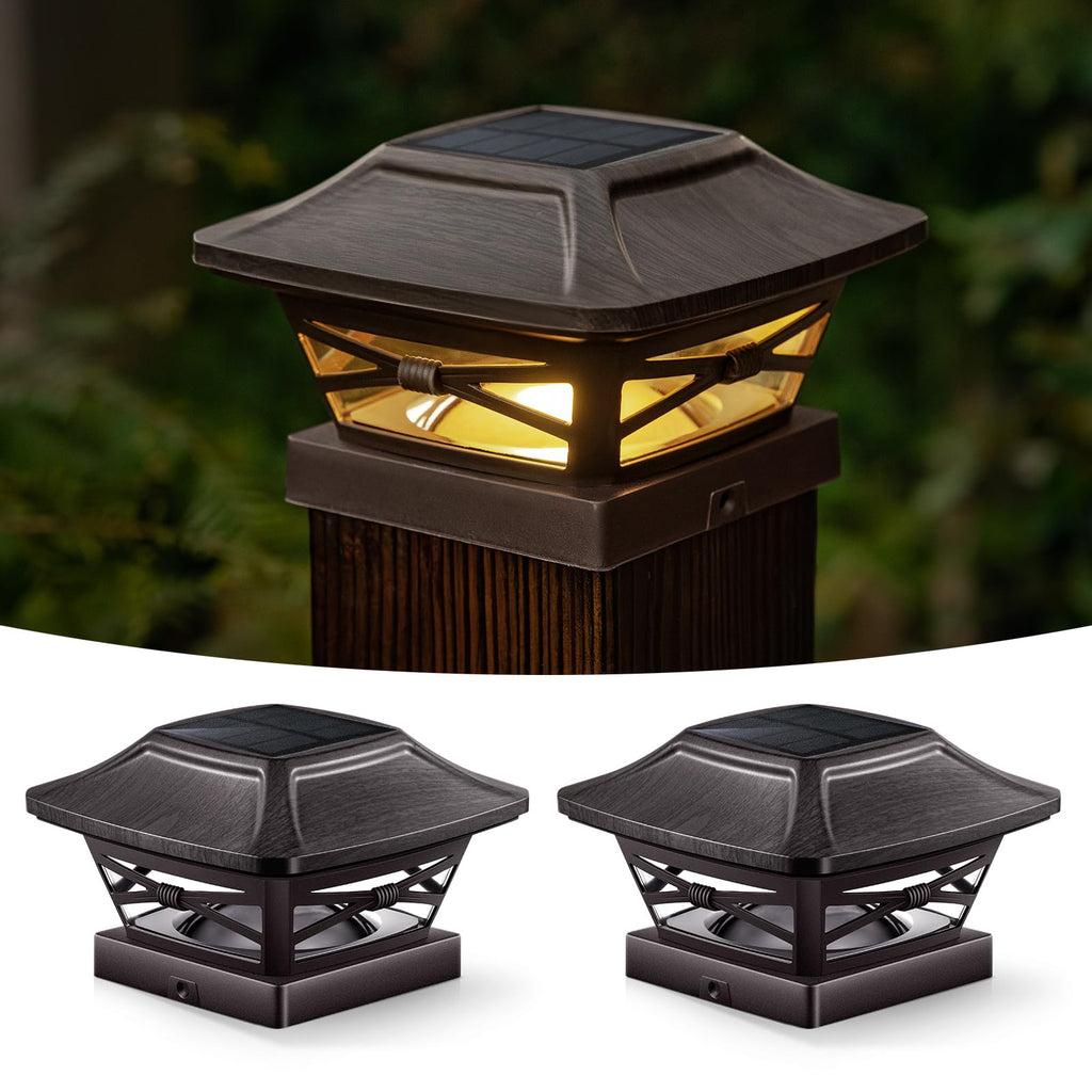 OPOIRA Wood Grain Solar Post Cap Lights – 2 Pack, Dual-Core LED, Craftsman Outdoor Caps
