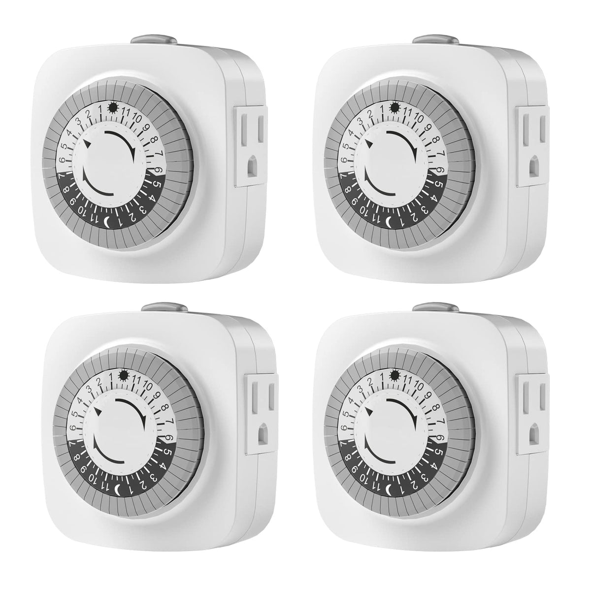 oviitech 24-Hour Indoor Mechanical Timer – 4-Pack, 2 Grounded Sockets, 3 Outlets, 30-Minute On/Off, ETL Certified