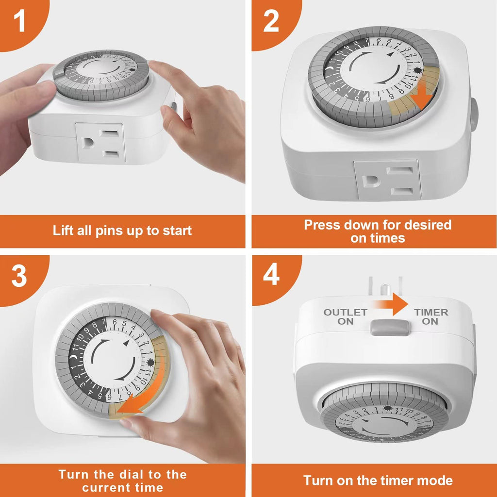 oviitech 24-Hour Indoor Mechanical Timer – 4-Pack, 2 Grounded Sockets, 3 Outlets, 30-Minute On/Off, ETL Certified