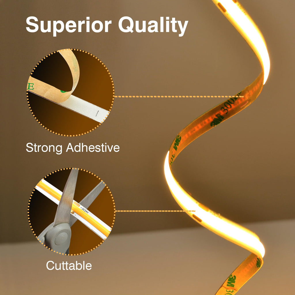 Pandery COB LED Strip 3m (9.84ft) - 24V, 2700K Warm White, CRI90+, Dimmable Touch, 320 LEDs/m