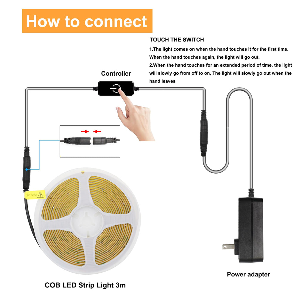 Pandery COB LED Strip 3m (9.84ft) - 24V, 2700K Warm White, CRI90+, Dimmable Touch, 320 LEDs/m