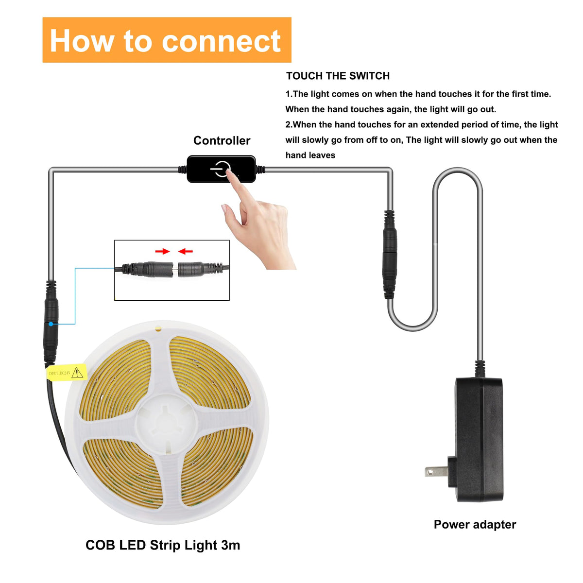 Pandery COB LED Strip 3m (9.84ft) - 24V, 2700K Warm White, CRI90+, Dimmable Touch, 320 LEDs/m