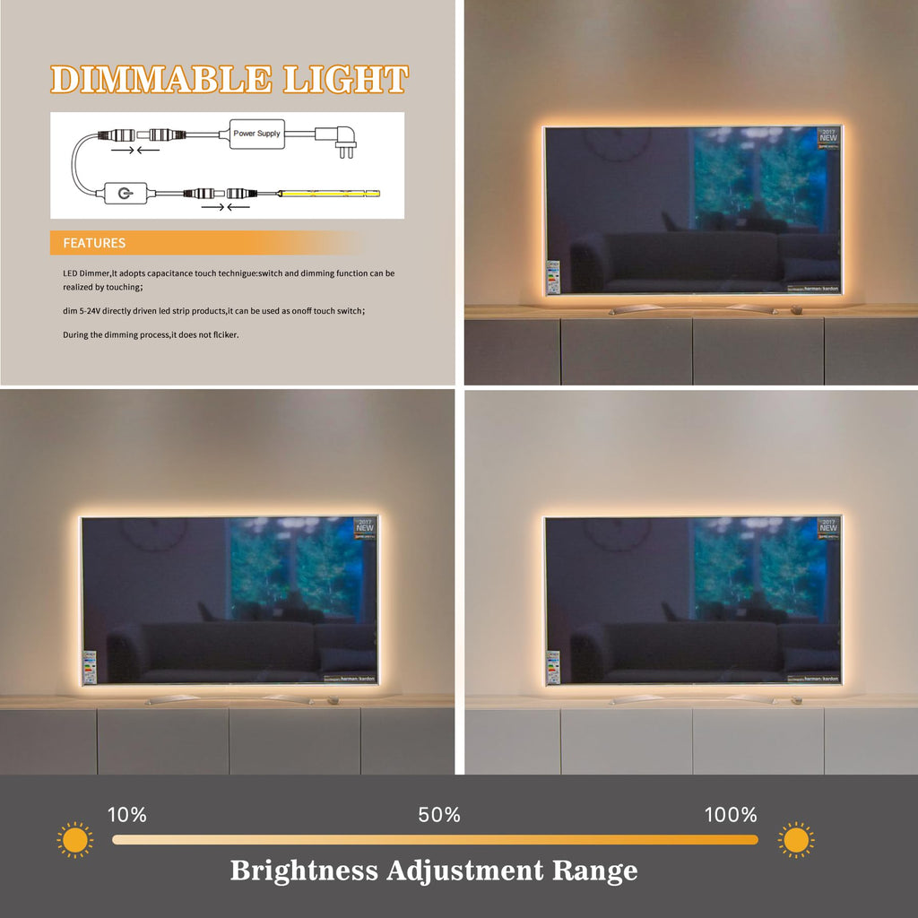Pandery COB LED Strip 3m (9.84ft) - 24V, 2700K Warm White, CRI90+, Dimmable Touch, 320 LEDs/m