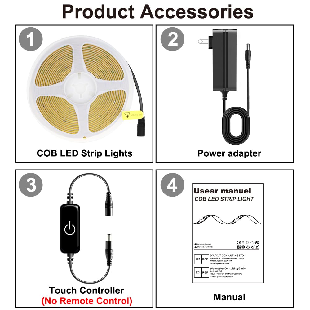 Pandery COB LED Strip 3m (9.84ft) - 24V, 2700K Warm White, CRI90+, Dimmable Touch, 320 LEDs/m