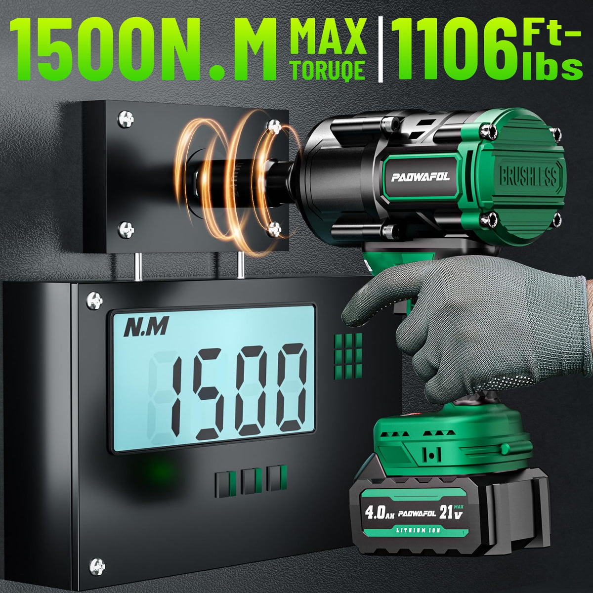PAOWAFOL 2026 Upgrade 1500N.m Brushless Impact Wrench | 21V Dual 4.0Ah Battery, Fast Charger & 5 Sockets