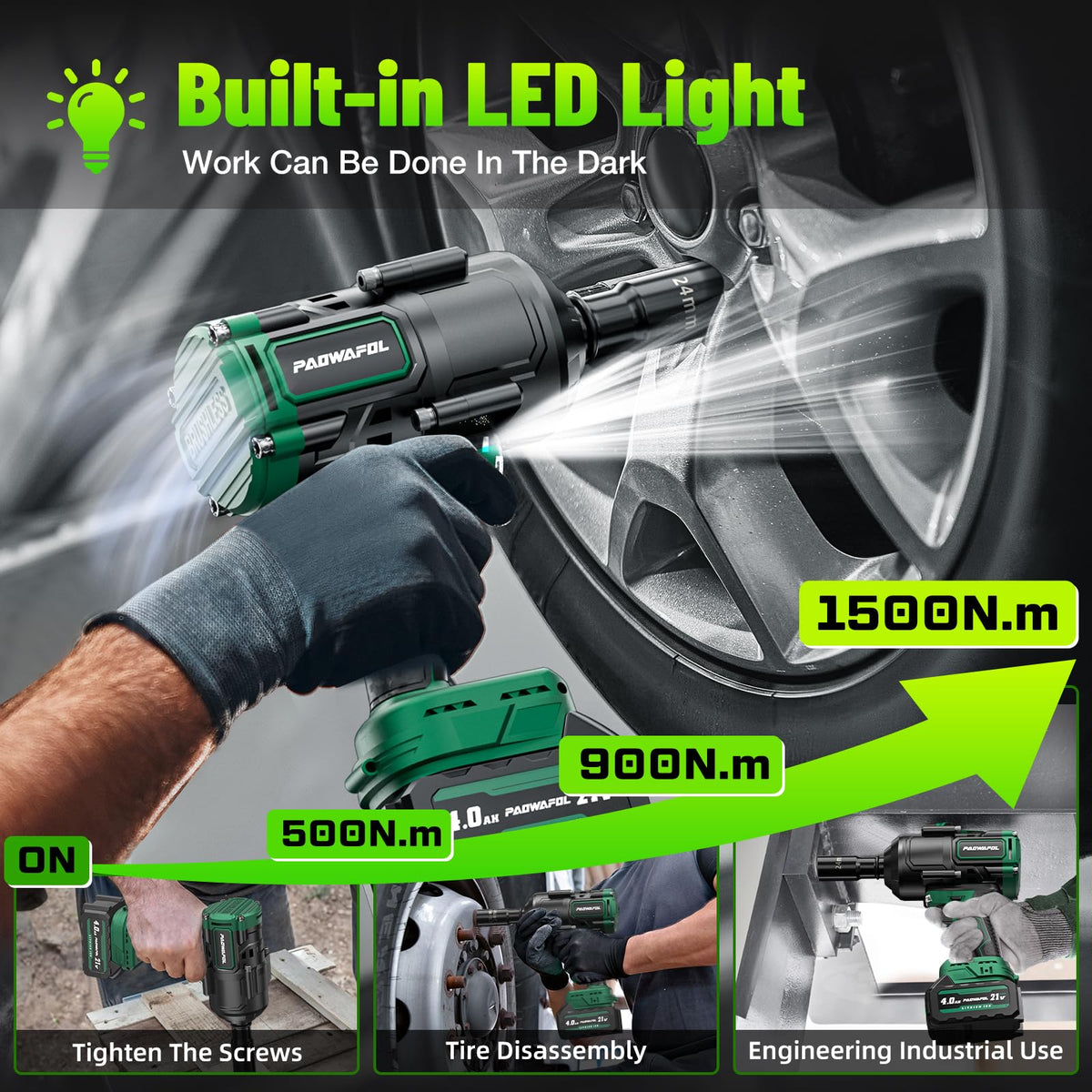 PAOWAFOL 2026 Upgrade 1500N.m Brushless Impact Wrench | 21V Dual 4.0Ah Battery, Fast Charger & 5 Sockets