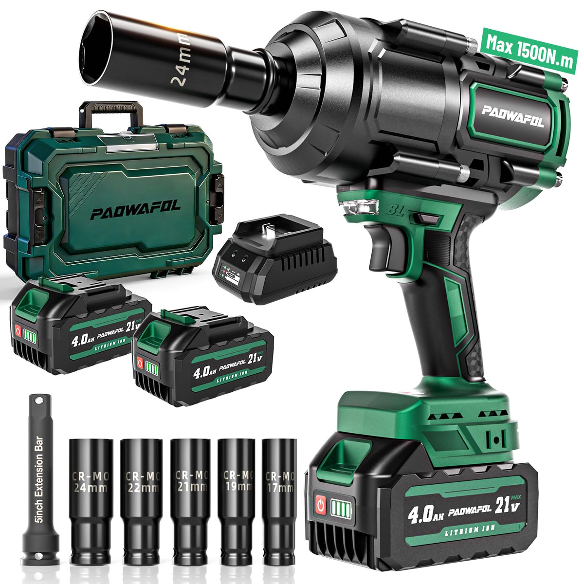 PAOWAFOL 2026 Upgrade 1500N.m Brushless Impact Wrench | 21V Dual 4.0Ah Battery, Fast Charger & 5 Sockets