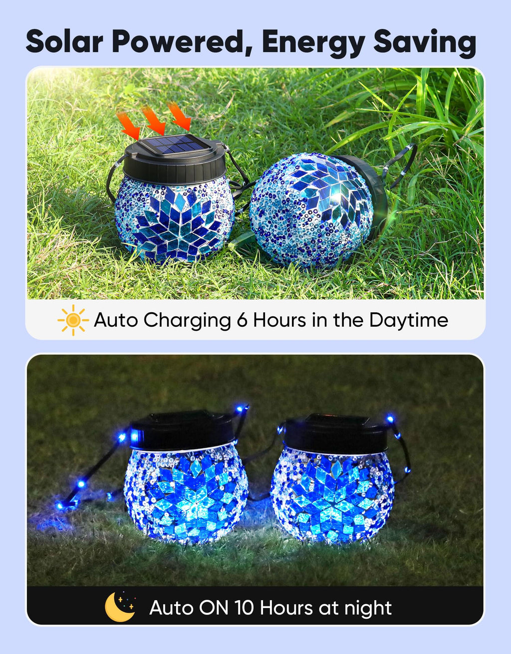 PARTPHONER Mosaic Solar Lights Outdoor 2 Pack – Waterproof Glass Globe Lanterns for Garden & Patio