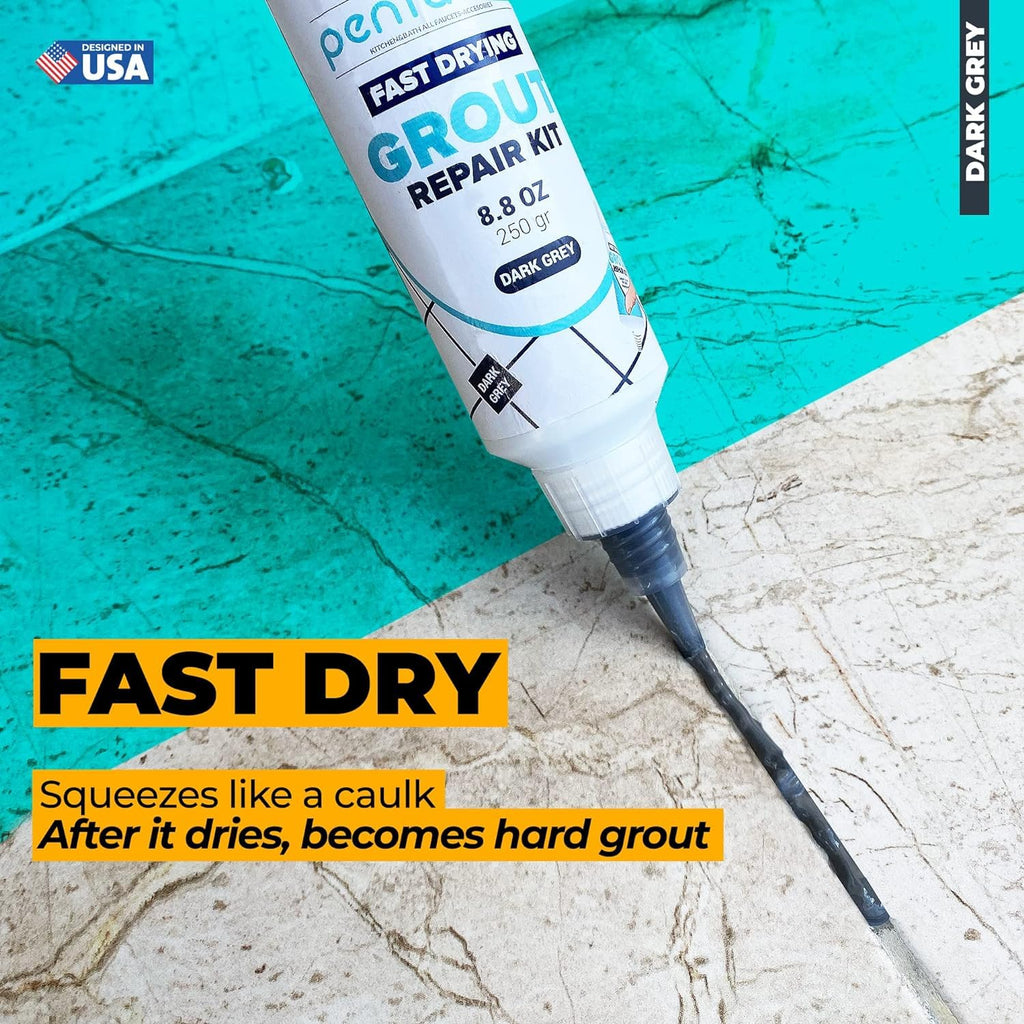 PentaUSA Tile Grout Repair Kit — Premixed Acrylic Sanded Grout for Bathrooms & Kitchens (Dark Gray)